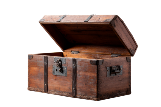 Rustic wooden chest with open lid on a transparent background