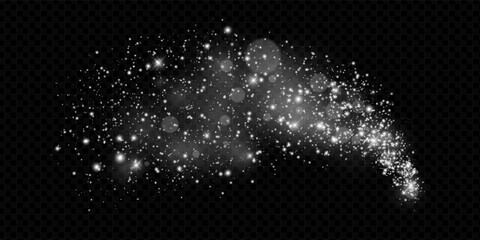 Silver glitter dust trail with sparkling stars and shimmering particles on dark background. Magical and festive atmosphere. Perfect for holiday, Christmas or New Year themes. Vector illustration.