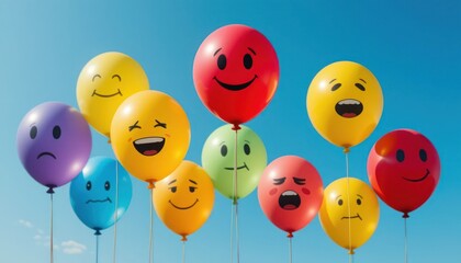 Colorful balloons with varied emotional face drawings float against a bright blue sky.