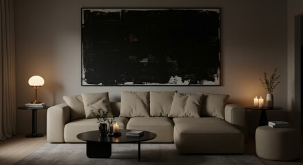 "Artful Ambiance – Contemporary Living Room with Modular Seating and Moody Candlelight"