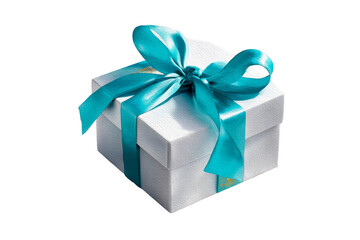 Obraz premium Elegant white gift box with turquoise ribbon on transparent background