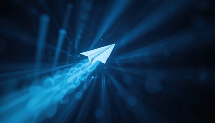 A stylized paper airplane, digitally rendered, is depicted in motion, surrounded by a blue light effect, suggesting speed and communication.