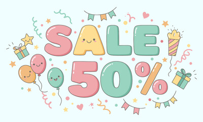 Adorable Kawaii "SALE 50%" Banner with Party Elements. A charming "SALE 50%" banner with kawaii-faced letters and playful party decorations.