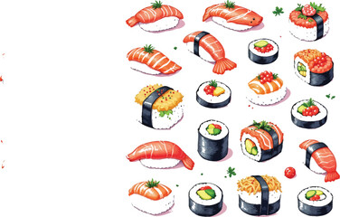 Sushi Assortment Grid – Colorful Japanese Cuisine Vector Featuring Nigiri, Maki Rolls, and Sashimi Selection