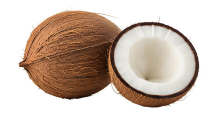Fresh whole coconut and half cut coconut tropical fruit for healthy lifestyle and cooking ingredients on transparent background