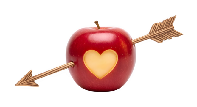 Red apple pierced by arrow with heart shape cut out for valentine's day gift idea and love concept on transparent background