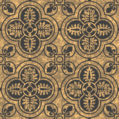 Vector seamless pattern of gold watercolor painted ornate mosaic on a black background