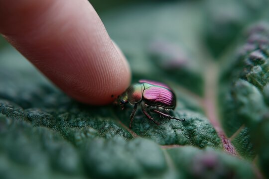 Macro shot of an iridescent beetle on a green leaf, gently touched by a human finger, highlighting texture.