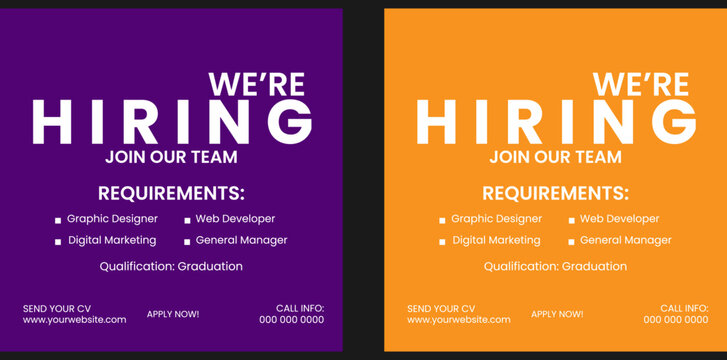 We are hiring job vacancy social media post banner design template. We are hiring job vacancy square web banner design
