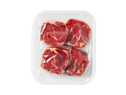 Fresh red meat cuts in plastic packaging with clear film wrap, hygienic storage solution for culinary preparation on transparent background