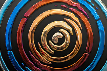 Abstract spiral swirl of glossy metallic rainbow rings on black