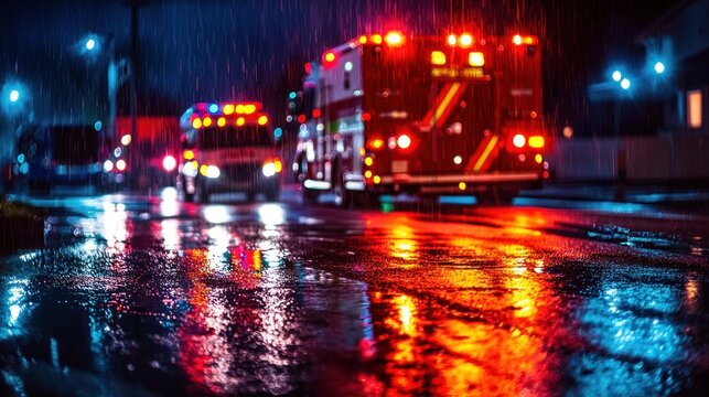 Emergency vehicles night rain