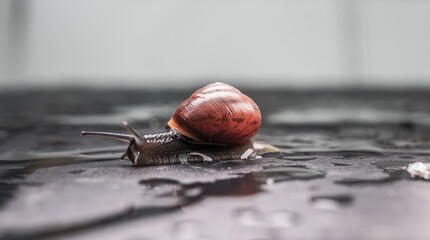 Macro view of snail with red shell moving.