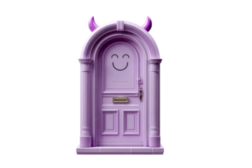 Purple door with a smiling face and horns, transparent bg