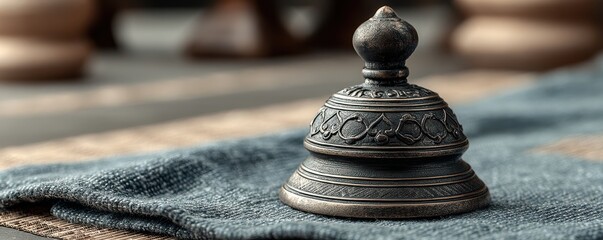 Intricate antique meditation bell resting on blue fabric in calming setting