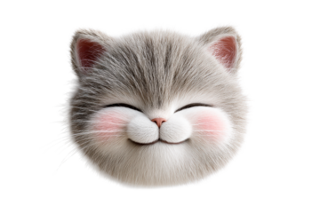 Cute smiling cat face with fluffy gray fur and pink cheeks