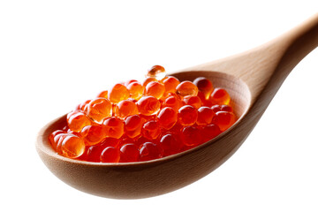 Salmon roe on a wooden spoon against a clear backdrop