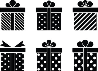set of gift box icons, black present silhouettes with bows and patterns vector