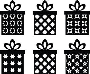 set of gift box icons, black present silhouettes with bows and patterns vector