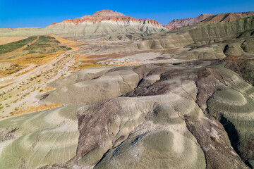 Nallihan District in Ankara, Turkey. The Girl Hill Natural Monument (Rainbow Hills) the geological structure with its colorful rainbow tones. Nallihan Bird Sanctuary. Aerial view of Nallihan.