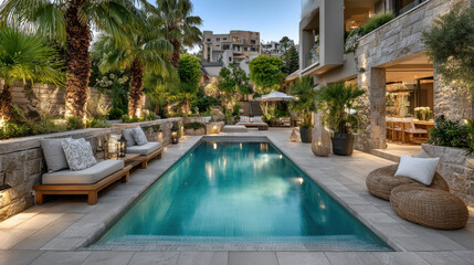 Modern villa with infinity pool surrounded by lush garden and elegant outdoor seating at sunset