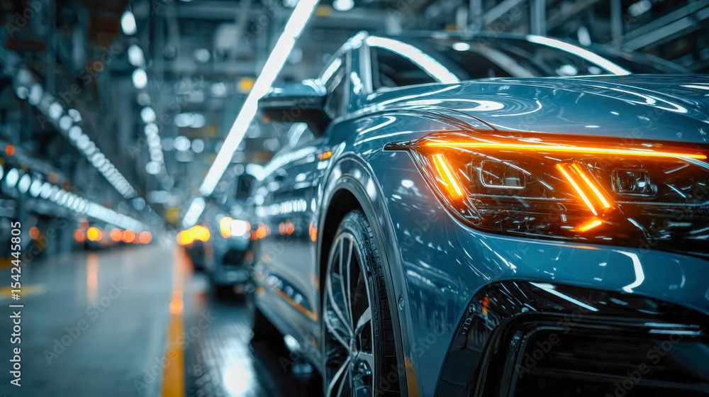 Poster close-up of a modern car on an assembly line with glowing orange lights in a high-tech factory setti