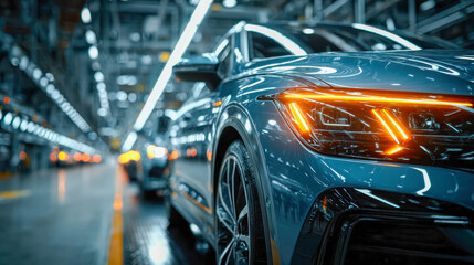 Close-up of a modern car on an assembly line with glowing orange lights in a high-tech factory setting