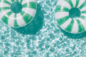 Two green and white striped inflatable rings float in clear, sunlit swimming pool water, creating a relaxing summer scene.