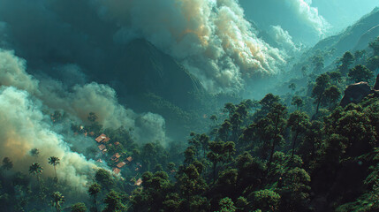 Obraz premium Aerial view of wildfire smoke engulfing a forested mountain village, thick clouds rising into the atmosphere
