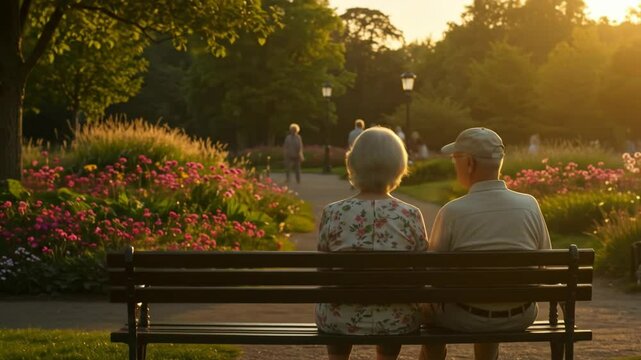 Senior couple relaxing on a bench in sunlit flower park