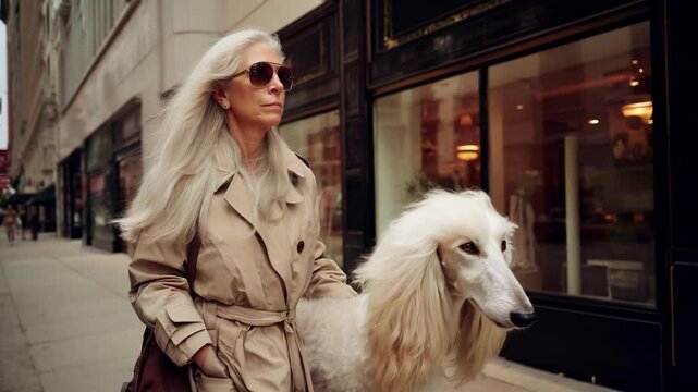 Dog owner lookalike, Senior woman with long white hair and sunglasses walking confidently with Afghan hound on city street. Fashionably dressed in a trench coat. Video made using Generative AI.