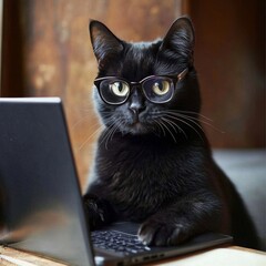 A black cat with a serious look in glasses, sitting at a laptop.