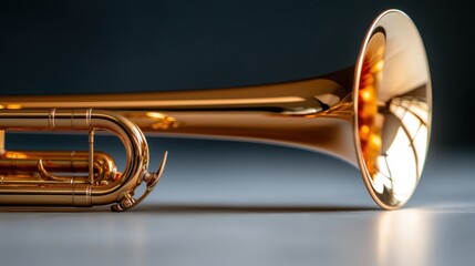 Fototapeta na wymiar A beautifully polished brass trumpet rests on a surface, capturing light and reflecting its surroundings, emphasizing the intricacies of its design and craftsmanship.