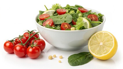 A fresh, healthy green salad with tomatoes and cucumbers in a bowl