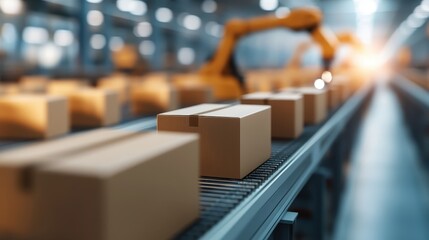 An intriguing factory scene showcasing a conveyor belt with boxes, exemplifying modern robotic automation in industrial processes and efficiency in logistics.