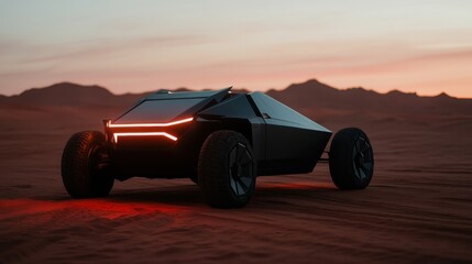 A sleek, futuristic vehicle set against a vast desert landscape, representing innovation, exploration, and the potential of design in shaping the future of transportation.