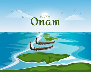 Vector scene of Vallam Kali boat race, long Chundan Vallam boats with dozens of rowers gliding through water, set against green islands.Happy Onam Festival.
