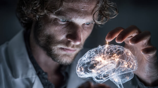 Focused scientist examines glowing holographic brain display with intensity in interactive research laboratory, ai technology concept
