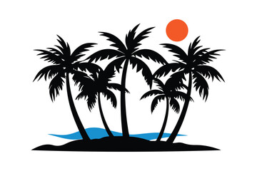 Tropical Beach Palm Tree Silhouettes Black Flat Vector Design on White Background