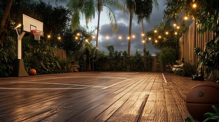 Obraz premium A basketball court with wooden floor surrounded by trees and string lights at dusk creating a warm ambiance