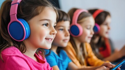 Diverse group of happy children with headphones using tablets in a classroom setting