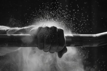 Strong grip: hand with chalk on barbell