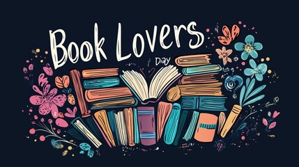 Book lovers day celebration with colorful stacks of books and floral designs