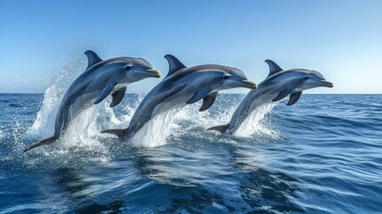Fototapeta premium Dolphins Jumping Ocean Blue Sky