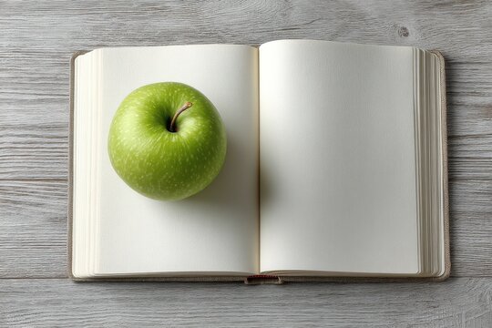 Green apple on a blank open notebook placed on wooden planks surface - Powered by Adobe