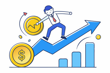 Wealth surfing concept, person riding rising arrow with gold coins, financial growth, investment success, economic trend, market upswing.