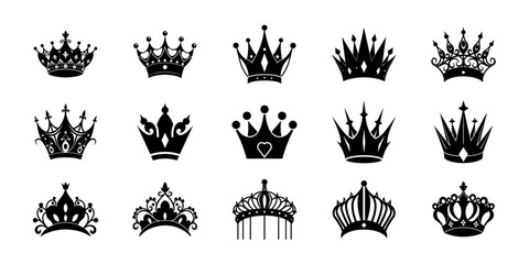 Black Silhouette Crown Icon Set – Royal, Queen, and Princess Tiara Collection