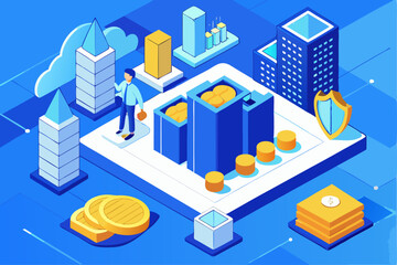 Financial data city with person and coins, security shield on blue, corporate finance, business investment, digital economy, wealth management, vector design.