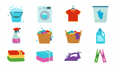  Laundry Day Essentials: Flat Design Icons Collection. A collection of colorful flat design icons for laundry and clothing care essentials.