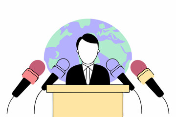 Press conference concept, person speaking at podium with microphones and world globe, media event, public announcement, global communication, vector illustration.